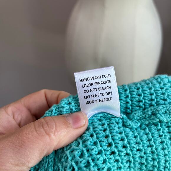 BiBi Blue Teal Floral Crochet Knit Short Sleeve Sweater Top Sz M - Picture 6 of 8